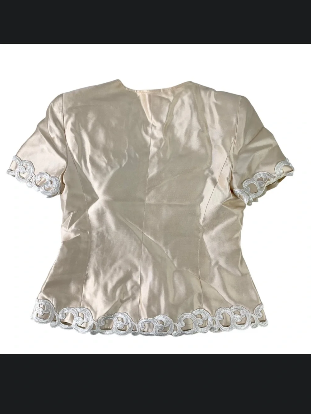 CHANEL Cream Silk Short Sleeve Top with Embroidered Loop Trim